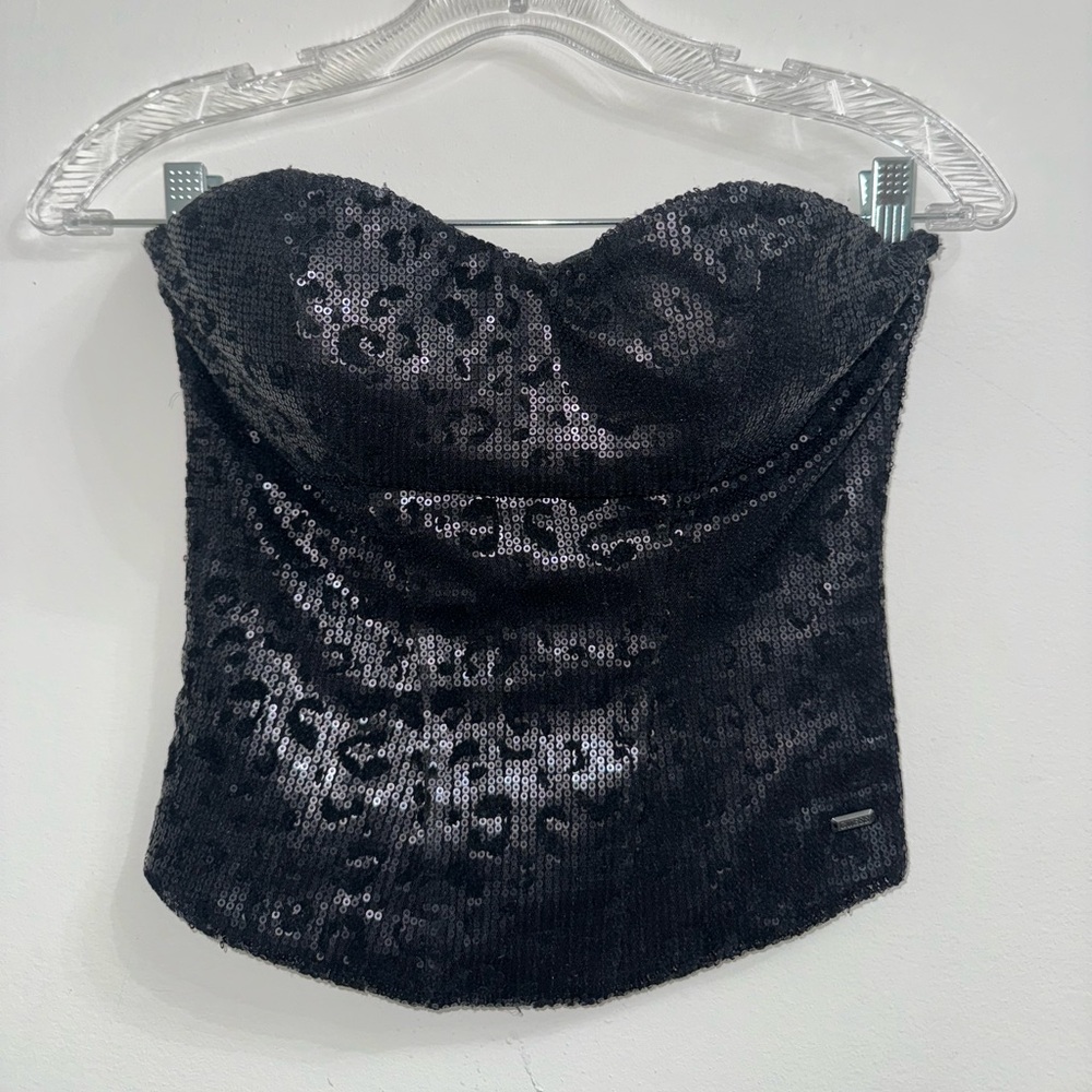 GUESS Black Matte Leopard Sequin Bustier and Mini Skirt